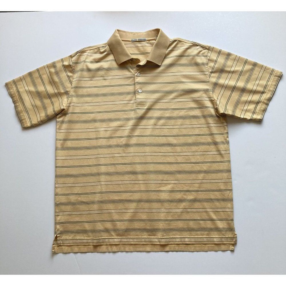 Clark Gregory Golf Polo Shirt Mens Large Yellow Blue Striped Short Sleeve Adult